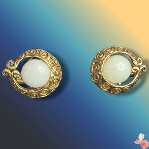 Vintage Givenchy Clip-On Earrings Gold Tone White Cabochon 770